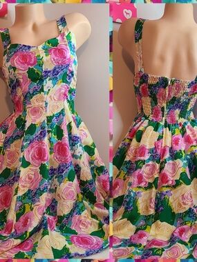 Vintage MAGIC 100% Silk Vivid Floral A-line Dress Size Small
